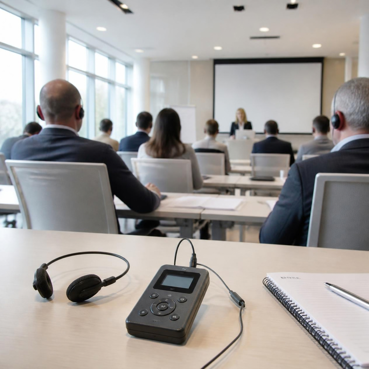 Konferenzteilnehmer mit Empfängern und Kopfhörern